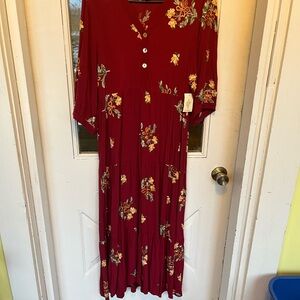 Cactus and Pearl Women's L 1/2 sleeve Floral Button-Front tiered Dress - cherry